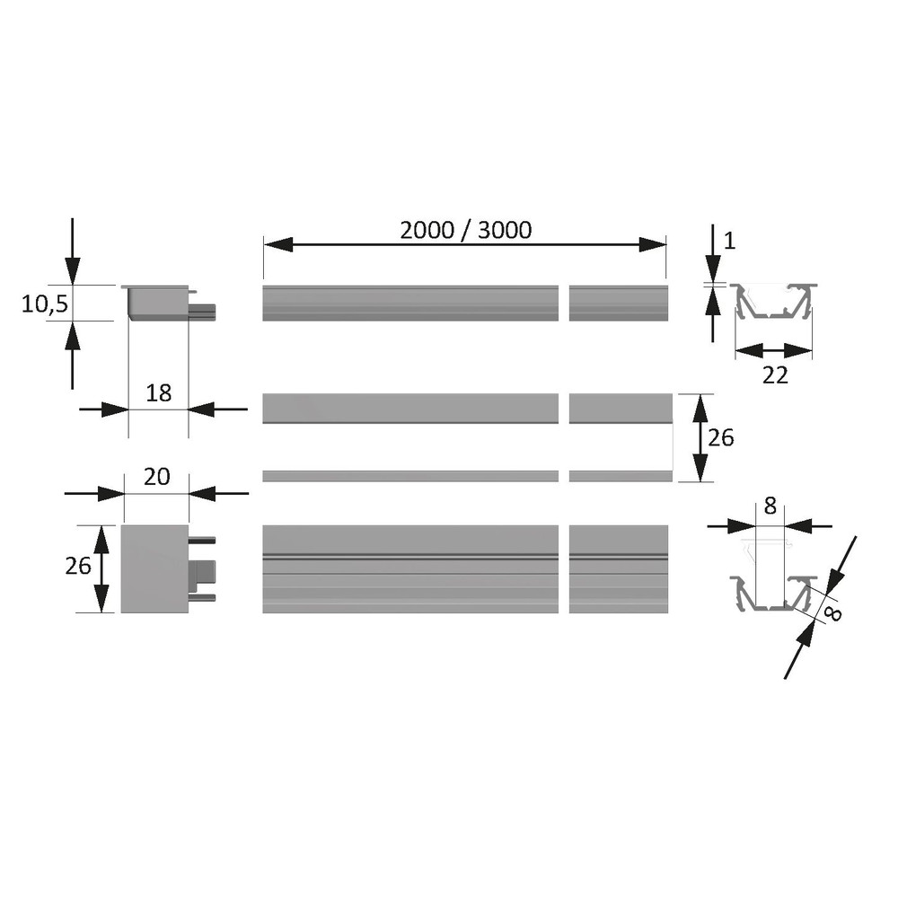 FORMAT Möbel-Einbauprofil,L 3000mm, ChannelLine G2, silberfarbig, Abd. opal Produktbild img6 L