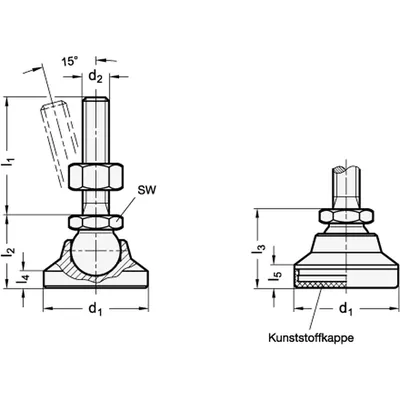 Produktbild von Ganter Norm® - Gelenkfüße, Stahl, mit Verstellspindel (343.2-60-M20-138-KS)