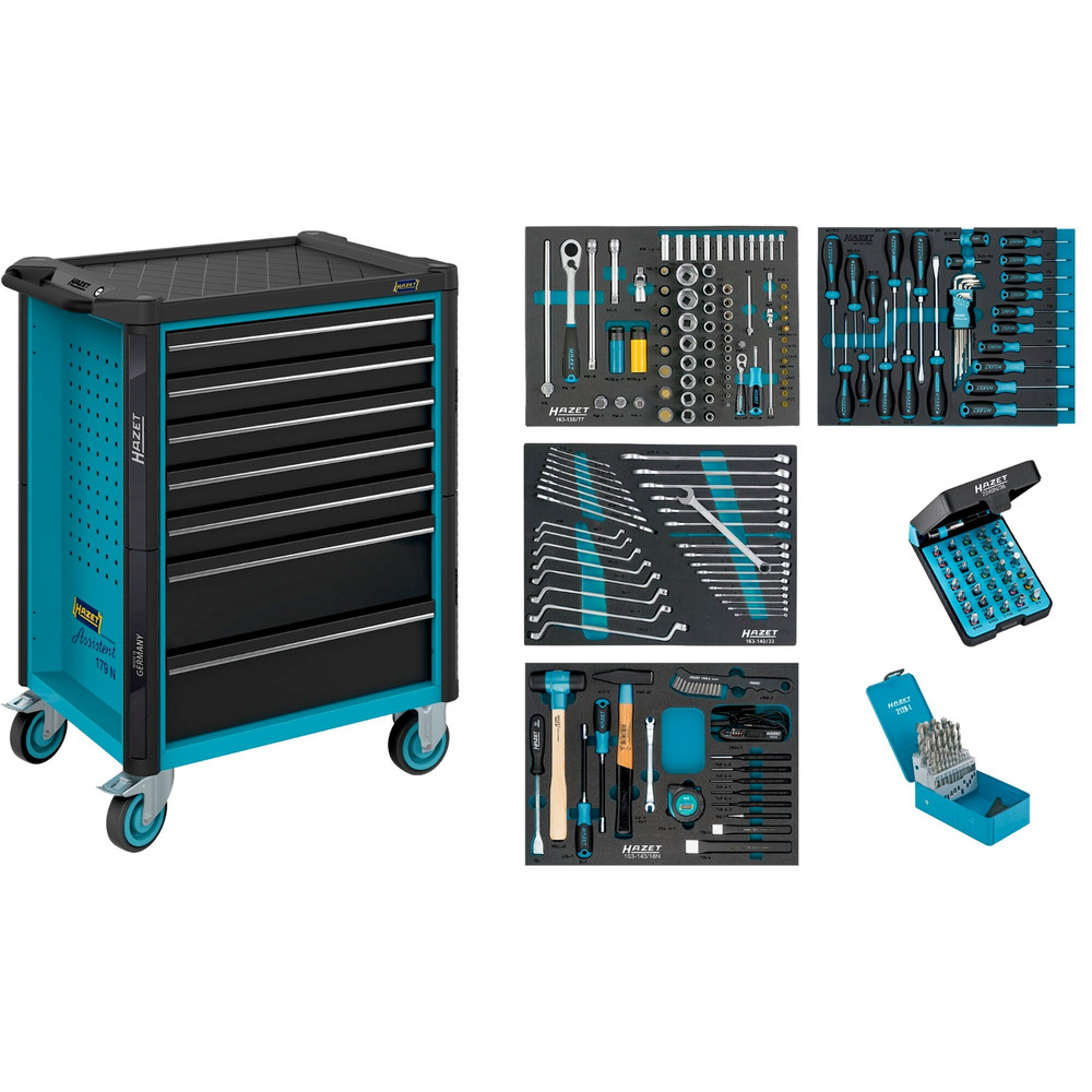 HAZET Werkstattwagen Assistent 179N ∙ Sortiment 179N-7/220 ∙ 220-teilig ∙ Schubladen, flach: 5× 81 x 522 x 398 mm ∙ Schubladen, hoch: 2× 166 x 522 x 398 mm Produktbild img1 L