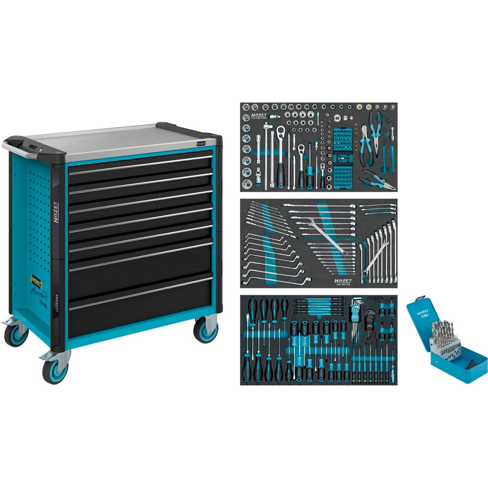 HAZET Werkstattwagen Assistent 179NXL ∙ Sortiment 179NXL-7/265 ∙ 265-teilig ∙ Schubladen, flach: 5× 81 x 696 x 398 mm ∙ Schubladen, hoch: 2× 166 x 696 x 398 mm Produktbild img1 L
