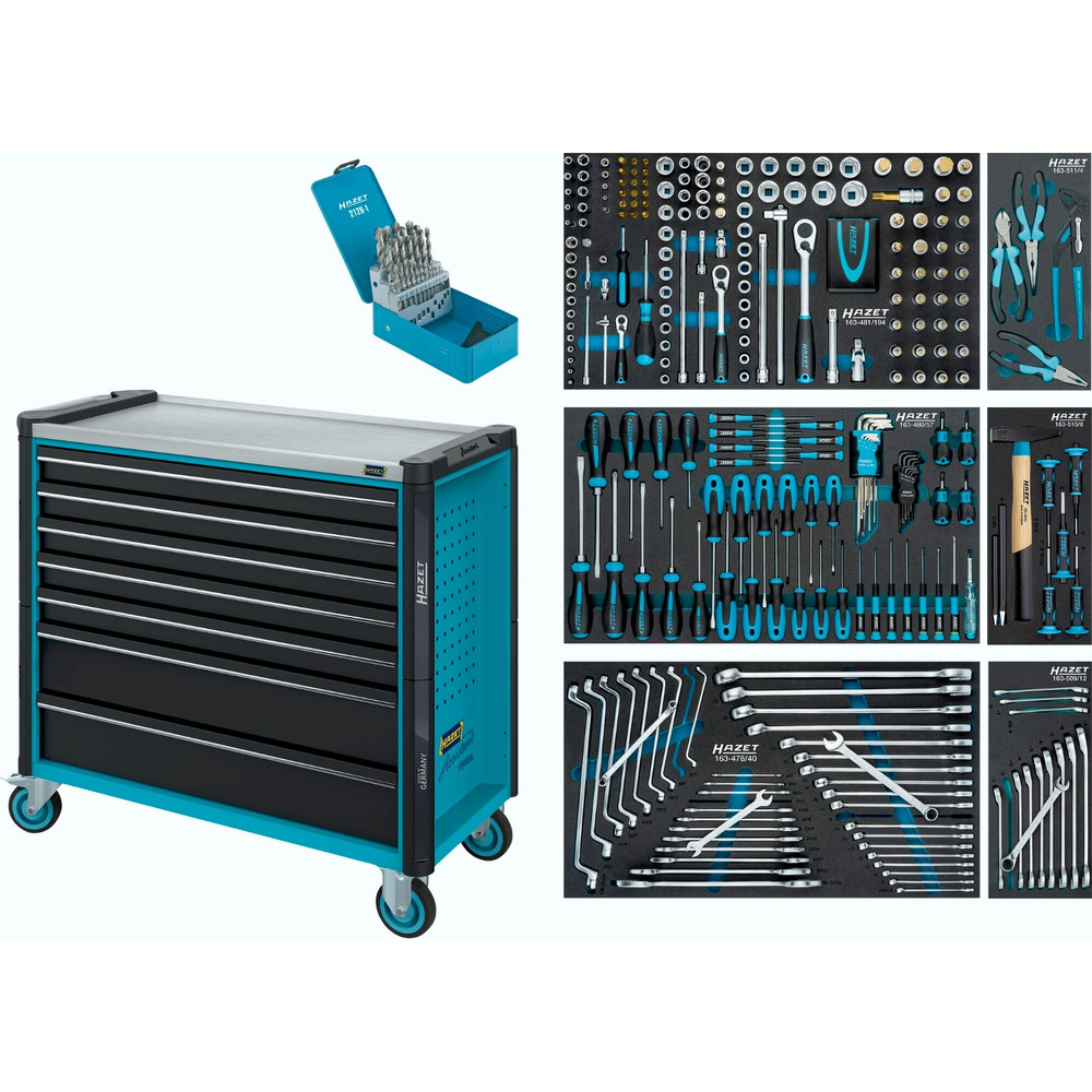 HAZET Werkstattwagen Assistent 179NXXL ∙ Sortiment 179NXXL-7/340 ∙ 340-teilig ∙ Schubladen, flach: 5× 81 x 870 x 398 mm ∙ Schubladen, hoch: 2× 166 x 870 x 398 mm Produktbild img1 L