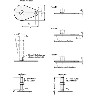 Produktbild von Ganter Norm® - Stellfüße, Edelstahl 1.4404 (A4), mit Befestigungslasche, Tropfe