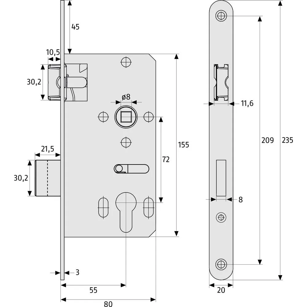 ABUS Einsteckschloss ESK PZ2,PZW72/8,D55,F20x235rd,Si,DL Produktbild img2 L