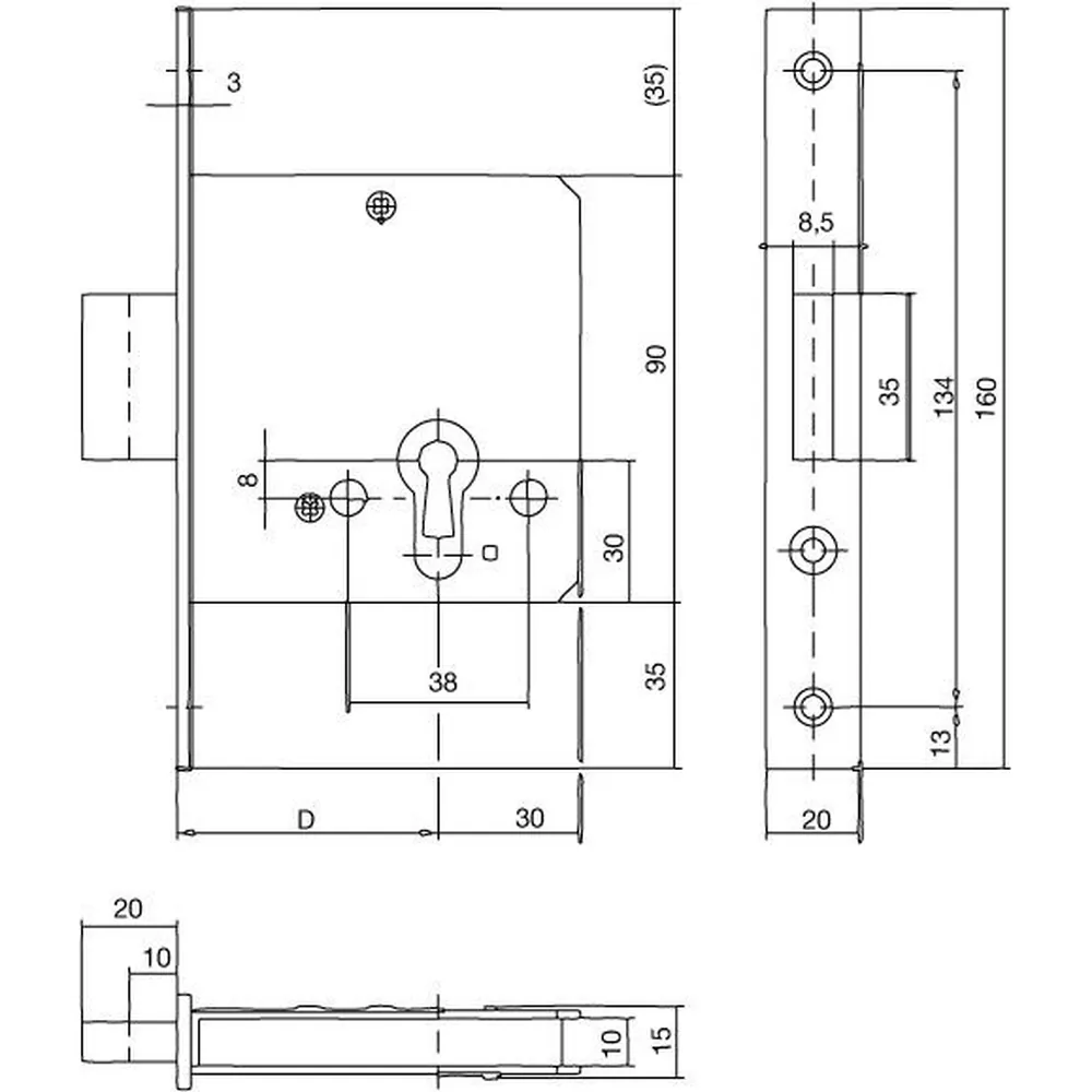 KFV Riegel-Einsteckschloss 211, PZ, D55, F20 x 160ktg, silber Produktbild img2 L