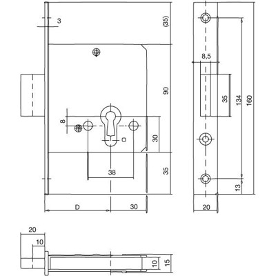 Produktbild von KFV - Riegel-Einsteckschloss 211, PZ, D55, F20 x 160ktg, silber