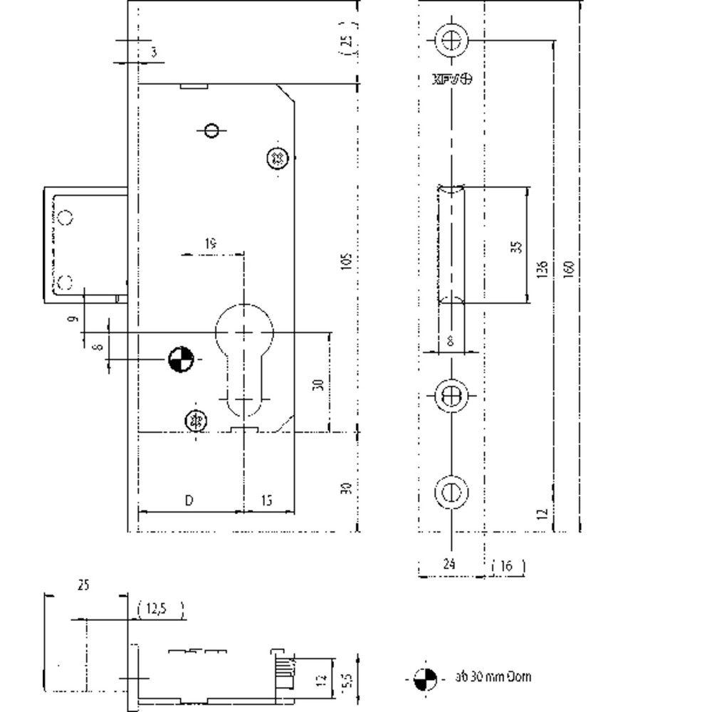 KFV Riegel-Einsteckschloss 60, PZ, D30, F24 x 160ktg, Riegel bündig Produktbild img2 L