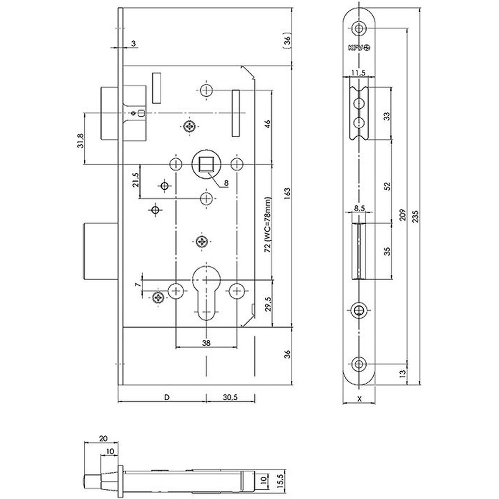 KFV Einsteckschloss 116-1/2,WC78/8, D55, F20 x 235rd, ER matt, KF-FA Produktbild img2 L