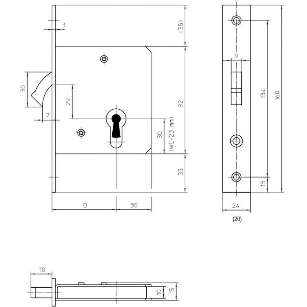 KFV Schiebetürschloss 1620,PZ,D55,F20x160ktg,Si Produktbild img2 L