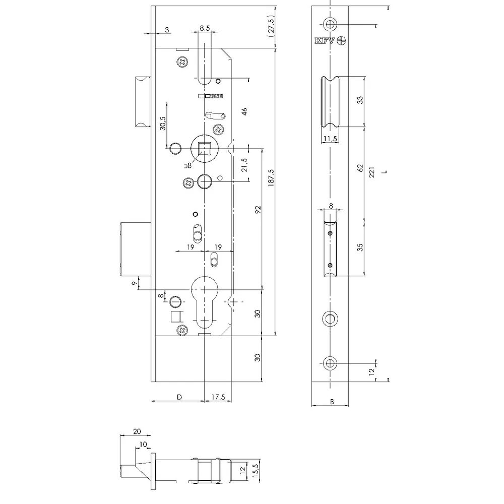 KFV PT-RRschloss, RES, 49N, m.W.,Profilzylinder gelocht,D45,E92,20 ktg hell verzinkt Produktbild img2 L