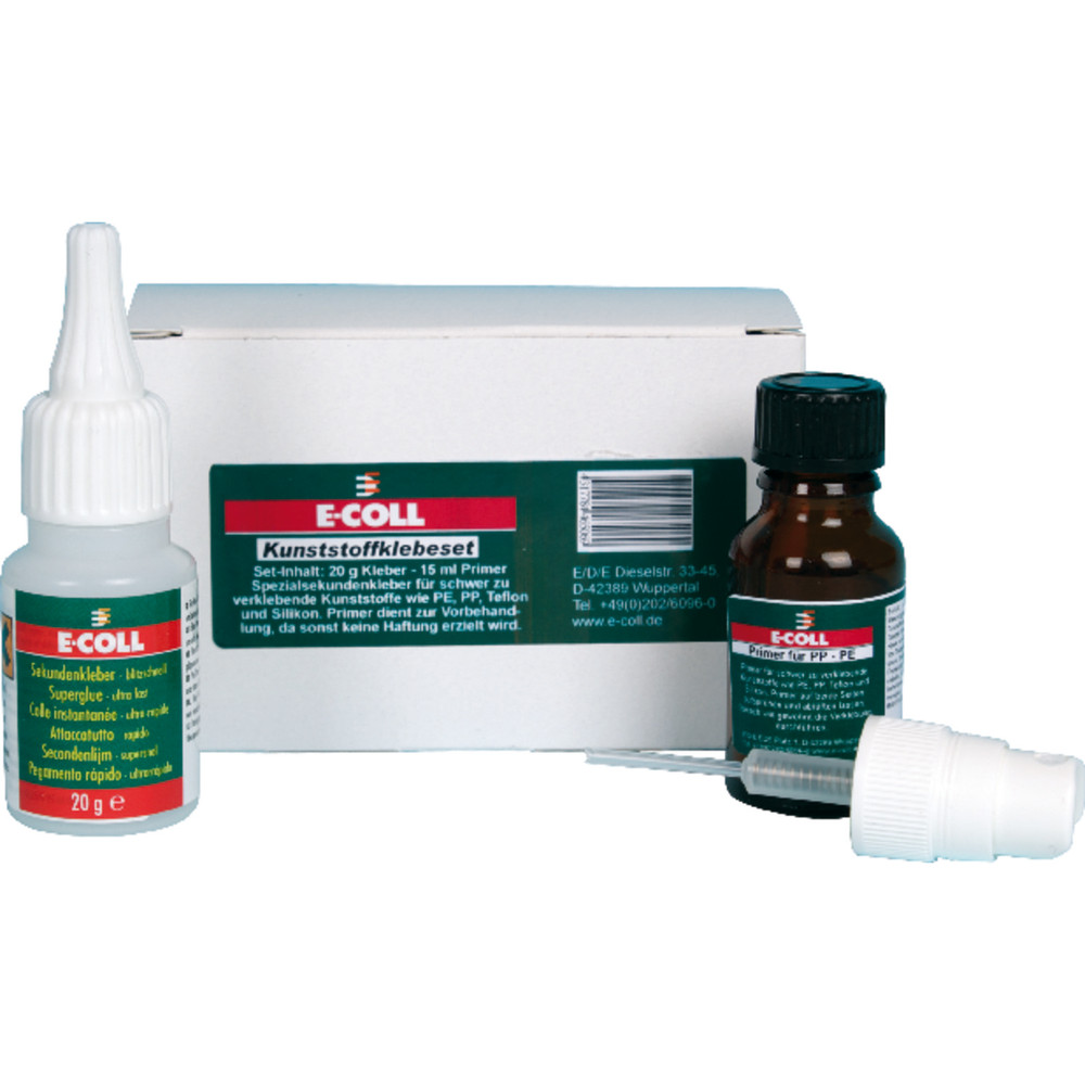 E-COLL Kunststoff Klebeset silikonfrei 20gr Ethyl-CA Kleber 15ml Primer Produktbild img2 L