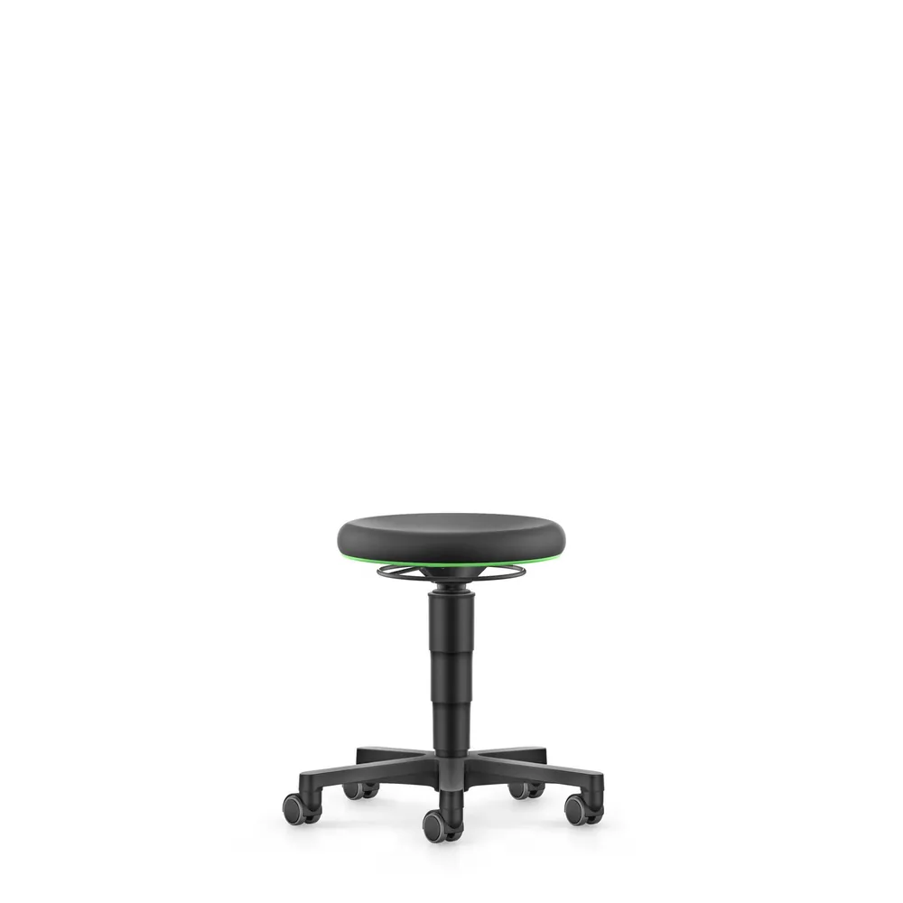 bimos Allround Hocker, Integralschaum-Polster mit 400 mm Durchmesser, grüner Farbring, Kunststoff-Fußkreuz mit Rollen, Sitzhöhe von 450-650 mm Produktbild img1 L