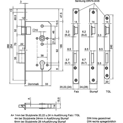 Produktbild von BMH - Einsteckschloss 34,PZW92/10,D65,F22x280ktg,Si,DL