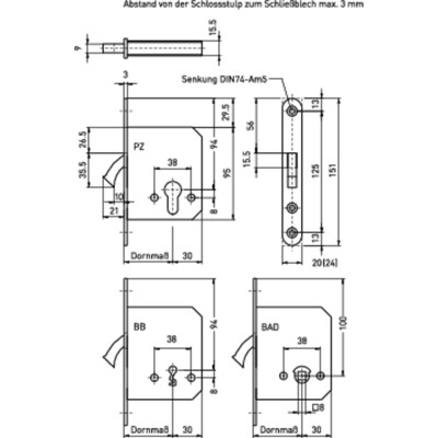 Produktbild von BMH - Schiebetürschloss 168,PZ,D55,F20x151ktg,Si