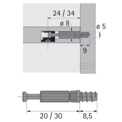 Produktbild von HETTICH - MB-Einschraubdübel, Bohr Ø 5mm, Spannmaß 30mm, Twister DU 320, 48038,