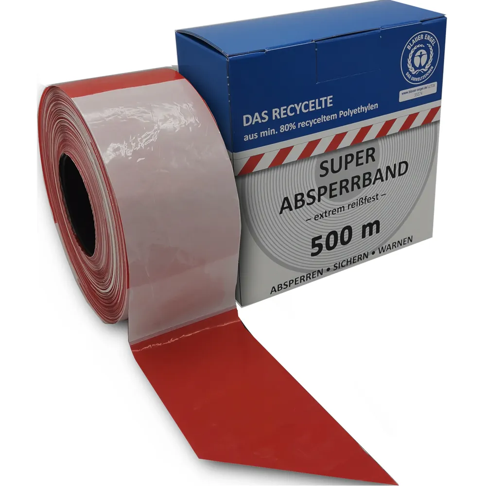 Kelmaplast Absperrband 500 m-Rolle rot/weiß geblockt Blauer Engel aus min. 80% recycelten Rohstoffen Produktbild img1 L