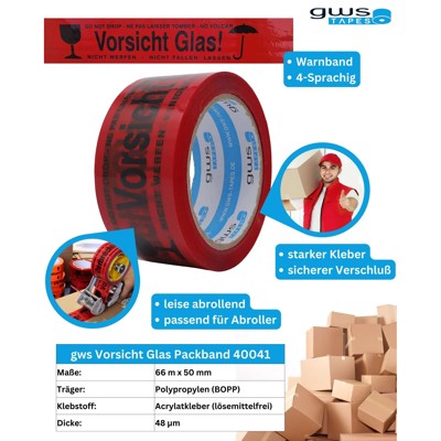 Produktbild von gws Tapes - 40041 Warnband PP Packband, 66 m x 50 mm, Vorsicht Glas