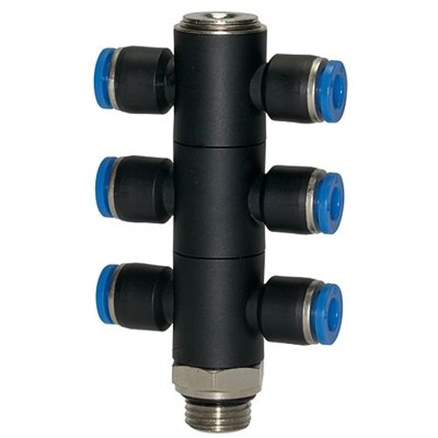 Produktbild von RIEGLER® - T-Mehrfachverteiler »Blaue Serie«, 6-fach, drehbar, G 1/8" A Ø4mm