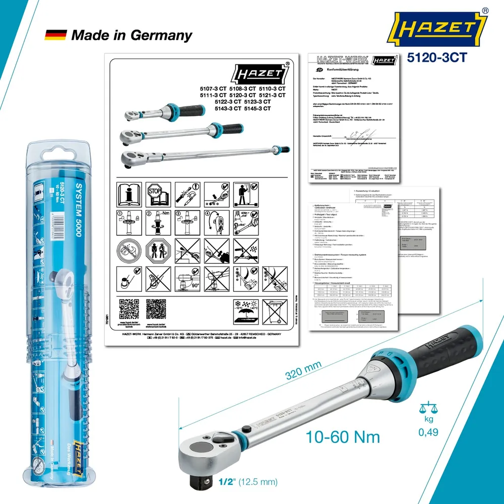HAZET Drehmomentschlüssel 5120-3CT ∙ Drehmomentbereich min-max: 10 – 60 Nm ∙ Genauigkeit: 3% ∙ 1/2 Zoll (12,5 mm) Vierkant massiv ∙ Länge: 320 mm Produktbild img4 L