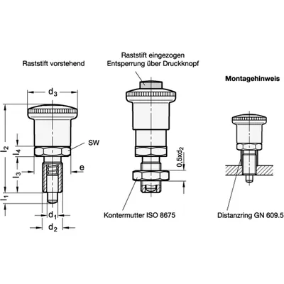 Produktbild von Ganter Norm® - Edelstahl-Rastbolzen, mit Klick-Rastsperre, Entsperren über Druc