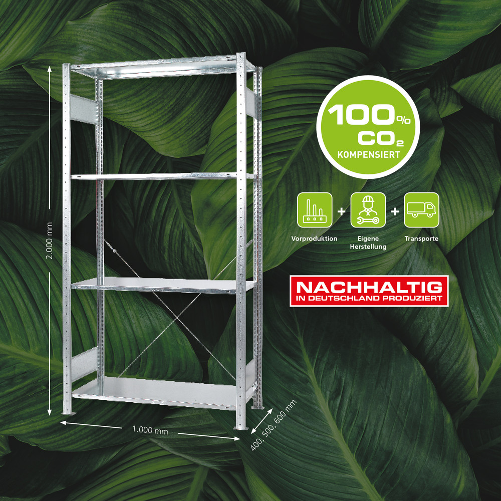 SCHULTE SCHULTE Green GR, Steckregal MULTIplus150-Set, 2000 x 1000 x 400 mm, 4 Fachböden, Kreuzstrebe, verzinkt Produktbild img3 L