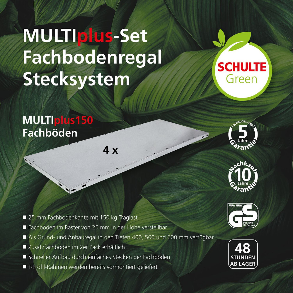 SCHULTE SCHULTE Green GR, Steckregal MULTIplus150-Set, 2000 x 1000 x 400 mm, 4 Fachböden, Kreuzstrebe, verzinkt Produktbild img2 L