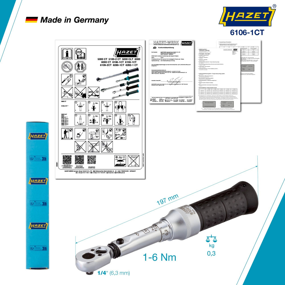 HAZET Drehmomentschlüssel 6106-1CT ∙ Drehmomentbereich min-max: 1 – 6 Nm ∙ Genauigkeit: 4% ∙ 1/4 Zoll (6,3 mm) Vierkant massiv ∙ Länge: 197 mm Produktbild img7 L