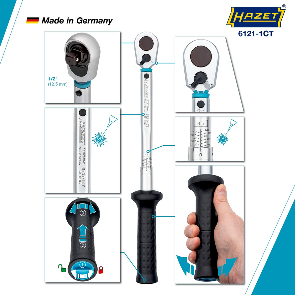 HAZET Drehmomentschlüssel 6121-1CT ∙ Drehmomentbereich min-max: 20 – 120 Nm ∙ Genauigkeit: 2% ∙ 1/2 Zoll (12,5 mm) Vierkant massiv ∙ Länge: 437 mm Produktbild img7 L