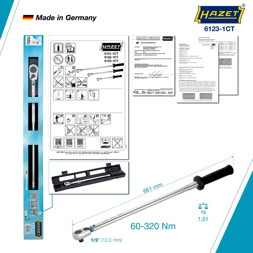 HAZET Drehmomentschlüssel 6123-1CT ∙ Drehmomentbereich min-max: 60 – 320 Nm ∙ Genauigkeit: 2% ∙ 1/2 Zoll (12,5 mm) Vierkant massiv ∙ Länge: 661 mm Produktbild img8 L