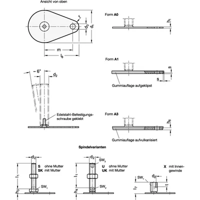 Produktbild von Ganter Norm® - Stellfüße, Stahl, mit Befestigungslasche, Tropfenform (42-50-M10