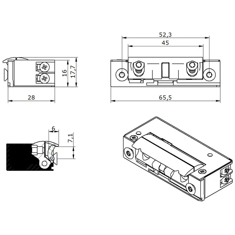 Openers & Closers Elektro-Türöffner,mit Arretierung 52B10 AC/DC, B 16, H 65,5, T 28 Produktbild img5 L
