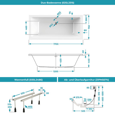 Produktbild von Calmwaters - Rechteckwanne Komplettset Modern Select 170 x 75 cm, Duowanne mit 