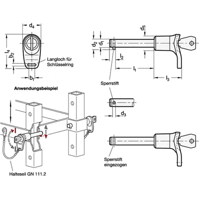 Produktbild von Ganter Norm® - Steckbolzen, Bolzen Edelstahl, L-Griff Kunststoff, abschließbar