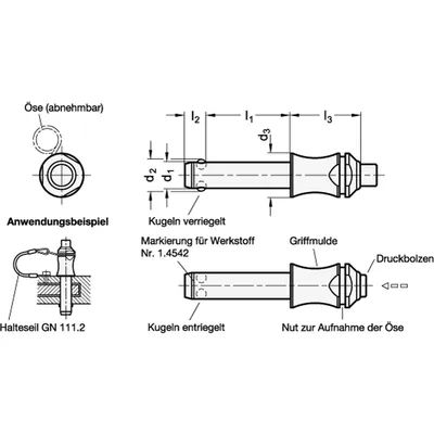 Produktbild von Ganter Norm® - Kugelsperrbolzen, Edelstahl 1.4542, mit Griffmulde (113.4-25-70)