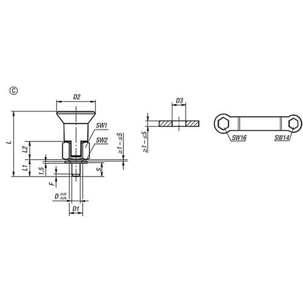 KIPP ARRETIERBOLZEN, GR.2, D1=M10X1, D=6, FORM:C MIT RASTNUT, FÜR DÜNNWANDIGE TEILE, STAHL GEHÄRTET, KOMP:THERMOPLAST Produktbild img2 L