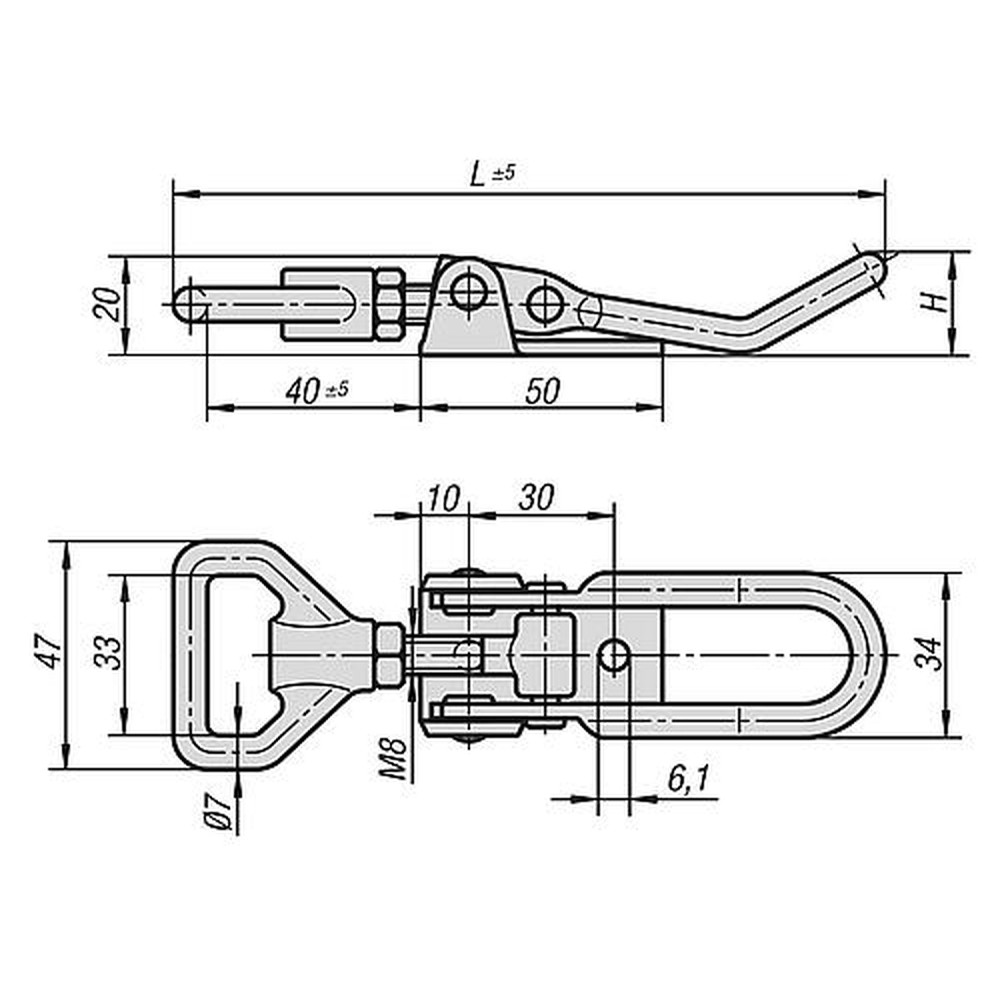 KIPP SPANNVERSCHLUSS MIT SPANNHAKEN EINSTELLBAR, ANSCHRAUBBOHRUNG SICHTBAR, FORM:A STANDARD, STAHL VERZINKT, F1=6500 (K0051.1611451) Produktbild img2 L