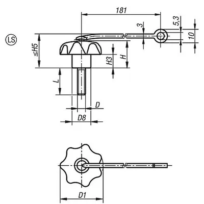 Produktbild von KIPP - STERNGRIFF ÄHNLICH DIN6336 MIT SICHERUNGSBAND D=M06X40, D1=25, FORM:LS, 