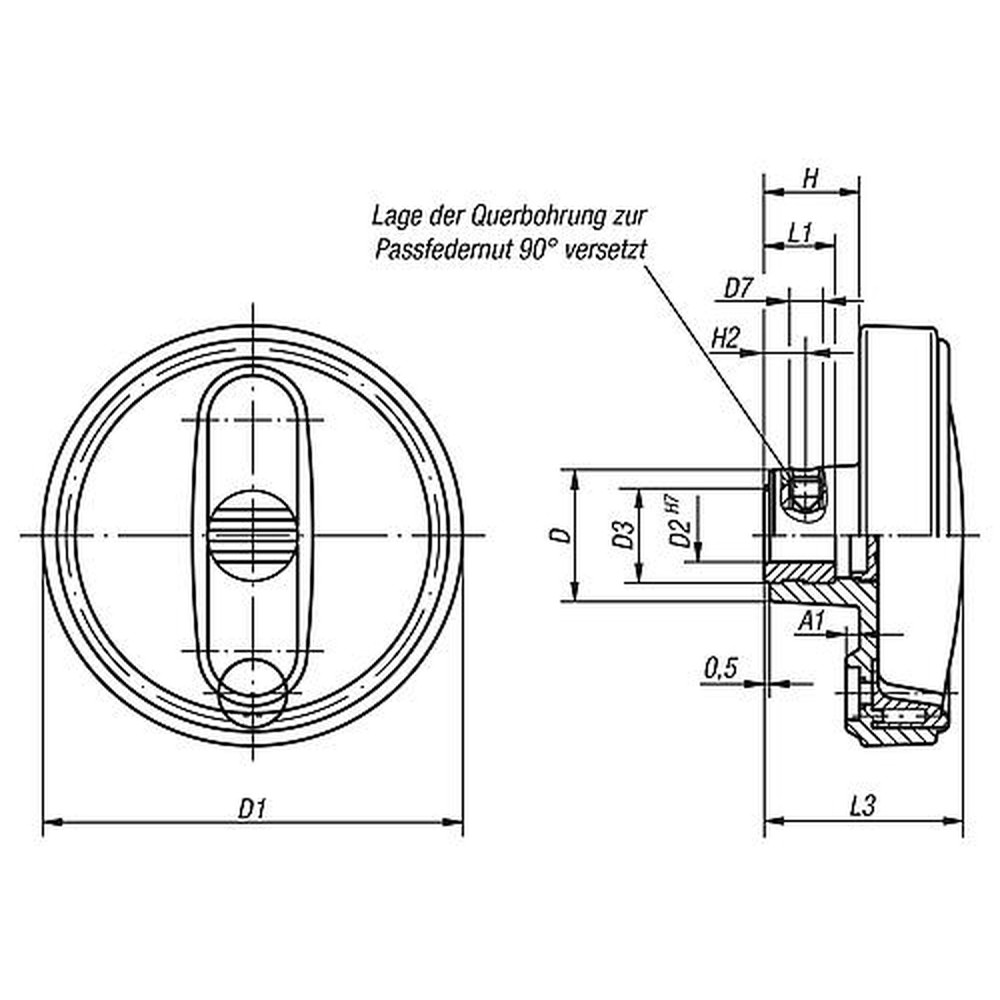 KIPP HANDRAD GR.3, D1=125, FORM:E MIT PASSBOHRUNG, D2=16H7, THERMOPLAST SCHWARZGRAU, OHNE GRIFF Produktbild img2 L