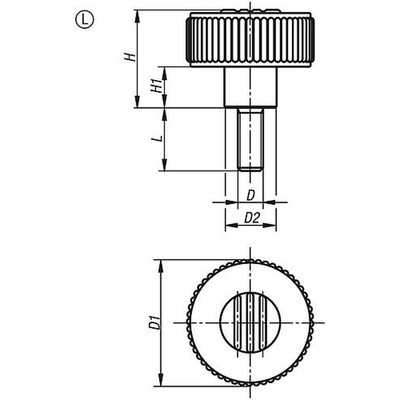Produktbild von KIPP - RÄNDELRAD GR.2, D1=50 D=M10X20, , FORM:L, THERMOPLAST SCHWARZGRAU RAL702