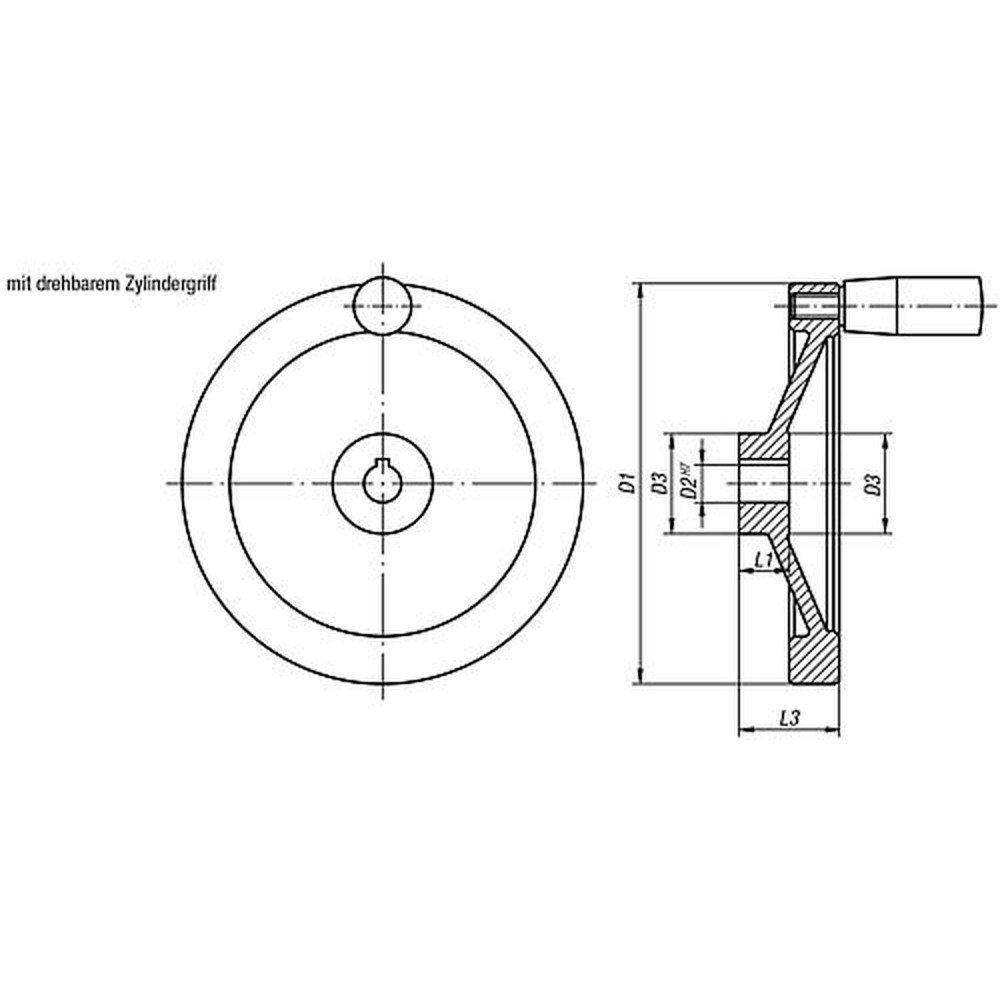 KIPP SCHEIBENHANDRAD D1=100 PASSBOHRUNG MIT NUT D2=10H7, B3=3, T=11,4 ALUMINIUM, KOMP:DUROPLAST, GRIFF DREHBAR Produktbild img2 L