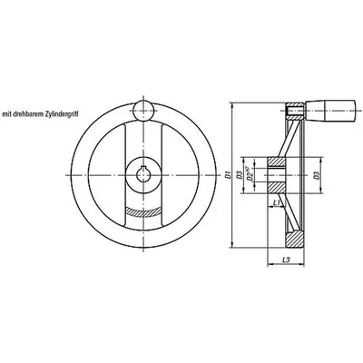 Produktbild von KIPP - 2-SPEICHENHANDRAD D1=125 PASSBOHRUNG D2=14H7, ALUMINIUM, SCHWARZ PULVERB