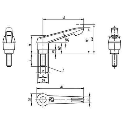 Produktbild von KIPP - KLEMMHEBEL MIT DRUCKKNOPF GR.4 M10X35, KUNSTSTOFF SCHWARZGRAU RAL7021, K