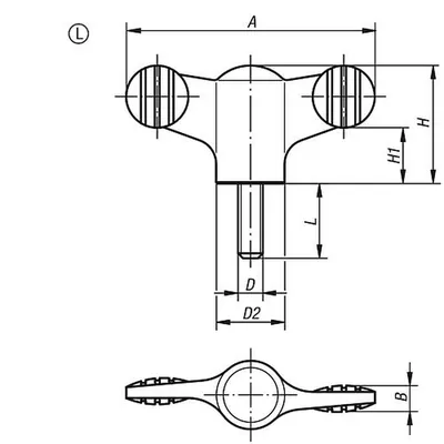 Produktbild von KIPP - FLÜGELGRIFF D=M05X15 A=50, H=24, FORM:L MIT AUßENGEWINDE, THERMOPLAST SC