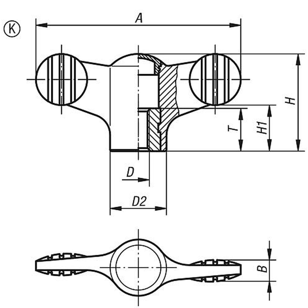 KIPP FLÜGELGRIFF D=M06 A=50, H=24, FORM:K MIT INNENGEWINDE, THERMOPLAST SCHWARZGRAU RAL7021, KOMP:STAHL BLAU (K0274.106) Produktbild img2 L