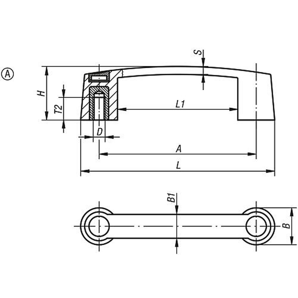 KIPP BÜGELGRIFF, FORM:A, A=93,5, L=119,5, D=M06 THERMOPLAST, SCHWARZ, KOMP:MESSING Produktbild img2 L