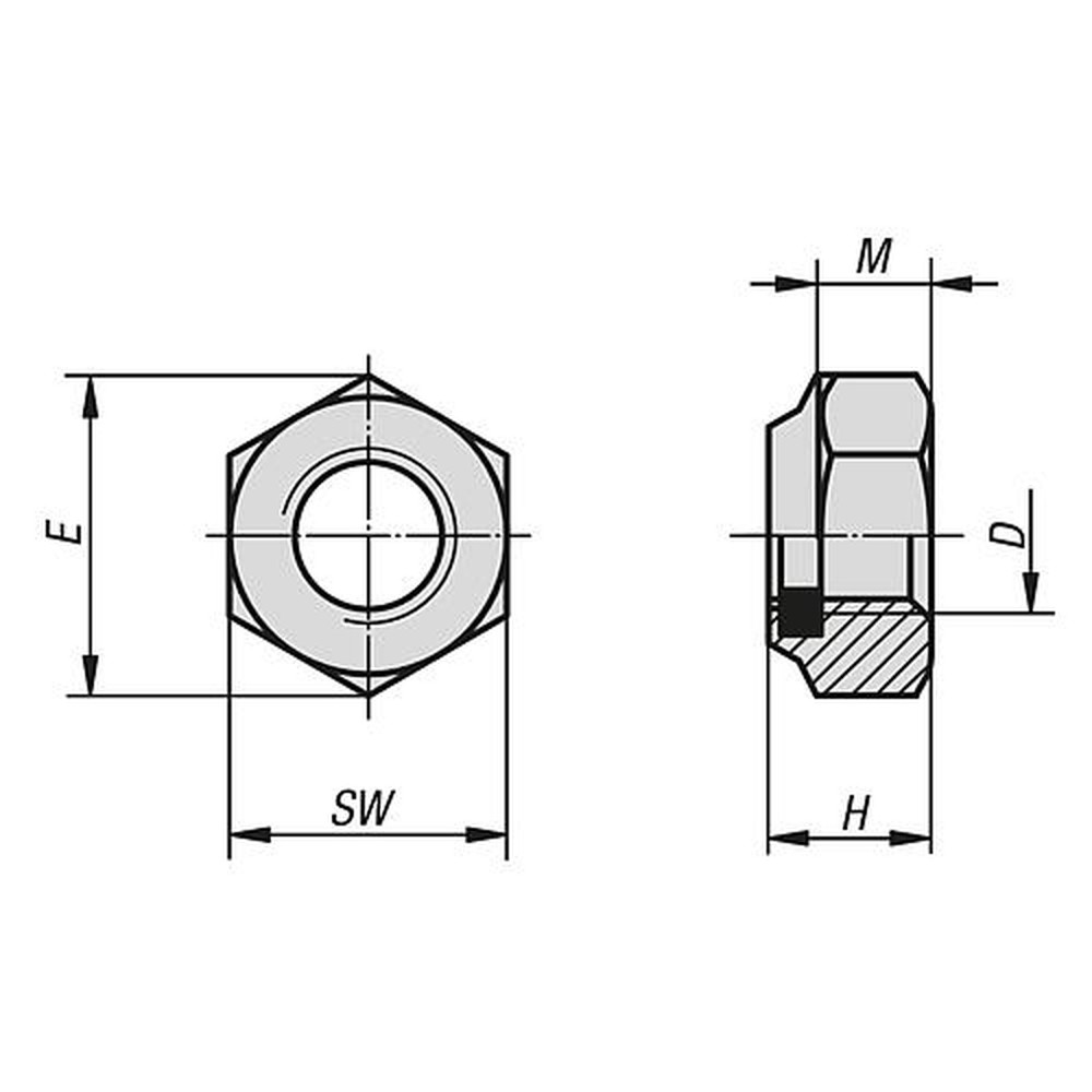 KIPP SECHSKANTMUTTER MIT KLEMMSTÜCK, NIEDRIGE FORM ÄHNLICH DIN985, M06, SW=10, EDELSTAHL A4 70 BLANK, Produktbild img2 L