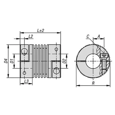 Produktbild von KIPP - METALLBALGKUPPLUNG MIT RADIALER KLEMMNABE GR.18, D1=14, D2=14, L=63, ALU