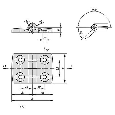 Produktbild von KIPP - SCHARNIER 92X48, THERMOPLAST SCHWARZ, KOMP:EDELSTAHL, A1=25, A2=27,5, A3