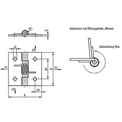 Produktbild von KIPP - FEDERSCHARNIER FEDER ÖFFNEND A=50, B=50, EDELSTAHL BLANK