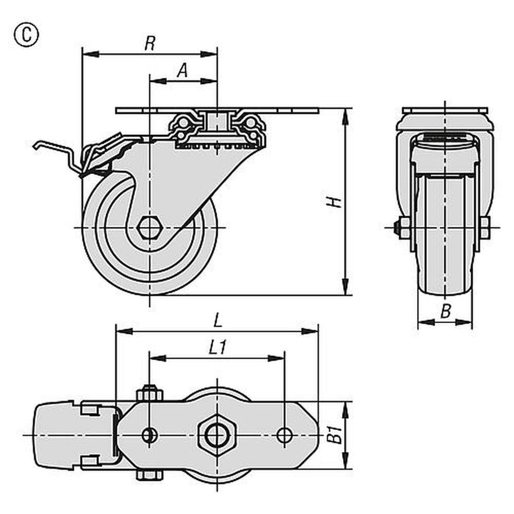 KIPP LENKROLLE MIT FESTSTELLSYS STOP-FIX, FORM:C, D=125, B=32, THERMOPLAST, ELEKTRISCH LEITFÄHIG, KOMP:STAHL Produktbild img2 L