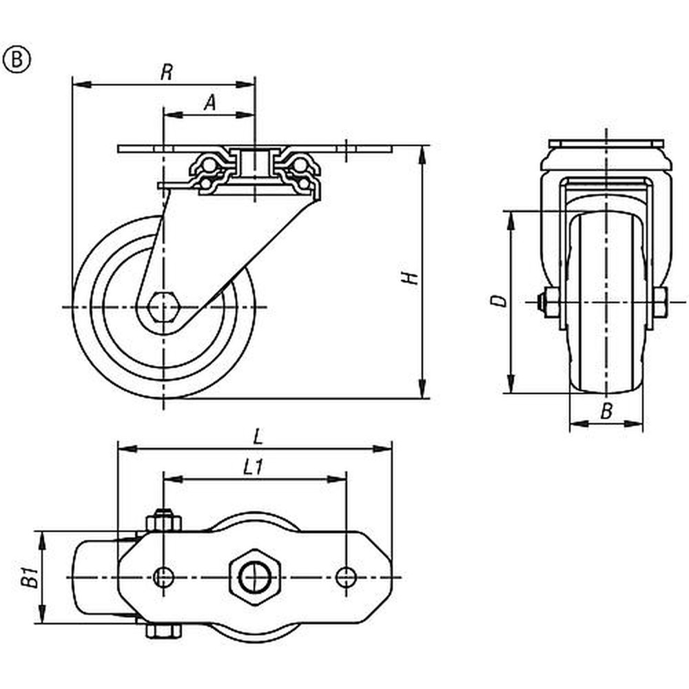 KIPP LENKROLLE OHNE FESTSTELLSYSTEM, FORM:B, D=100, B=32, THERMOPLAST, ELEKTRISCH LEITFÄHIG, KOMP:STAHL Produktbild img2 L